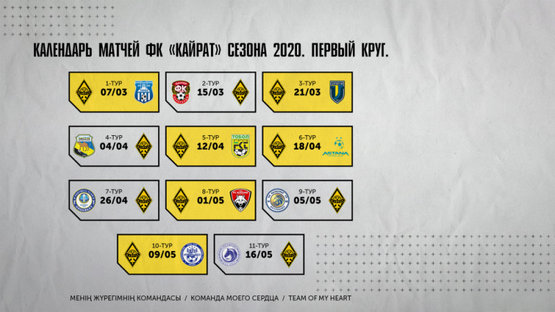 «Қайрат» ФК-ның 2020 Премьер-Лига матчтарының күнтізбесі